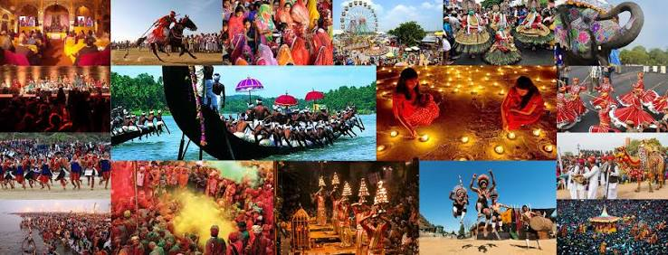 Photo collage highlighting diverse traditions of Indian culture, featuring classical dancers, vibrant festivals like Diwali and Holi, a snake boat race, and traditional gatherings