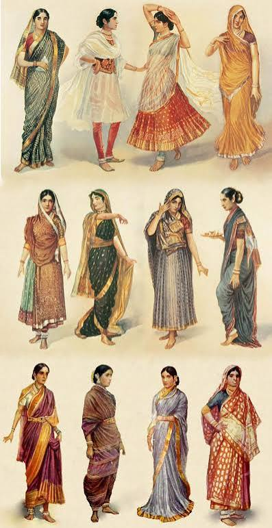 Historical illustration highlighting regional traditional attire and varied saree drapes representing women's fashion in Indian culture.
