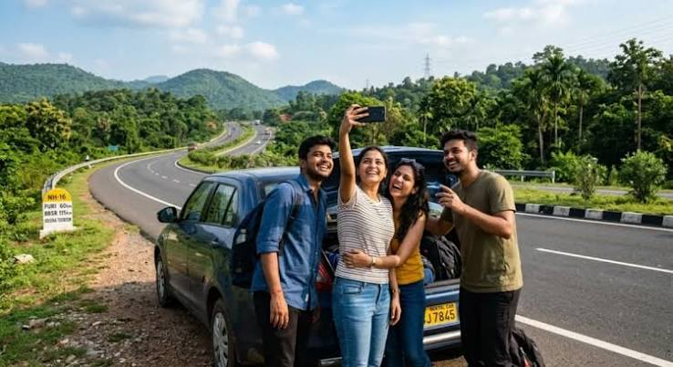 A group of four happy friends taking a selfie next to their car during a scenic road trip following an India travel guide, with lush green hills and a highway in the background.