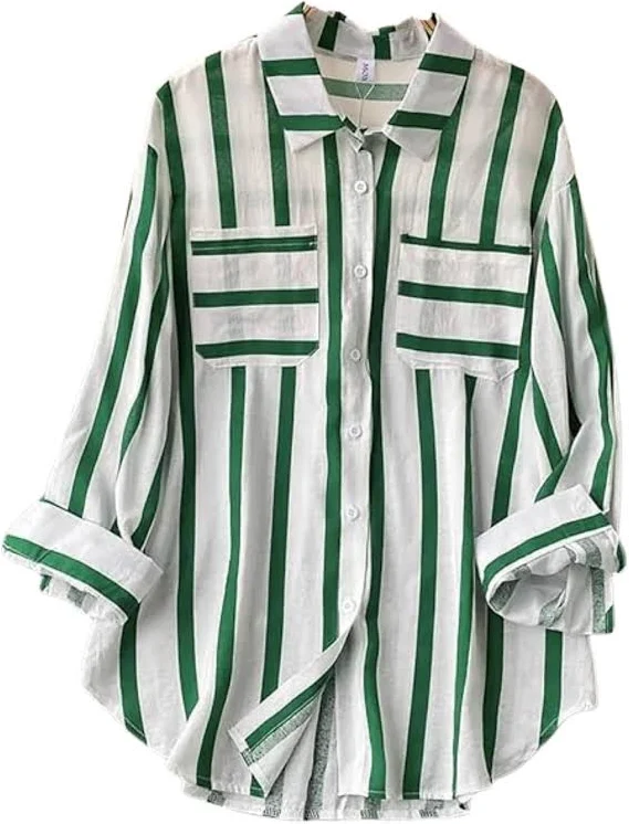 RS Women’s Green & White Striped Button-Up Casual Shirt - Image 2