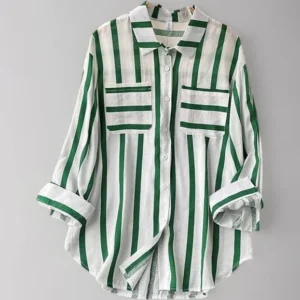 RS Womenβs Green & White Striped Button-Up Casual Shirt